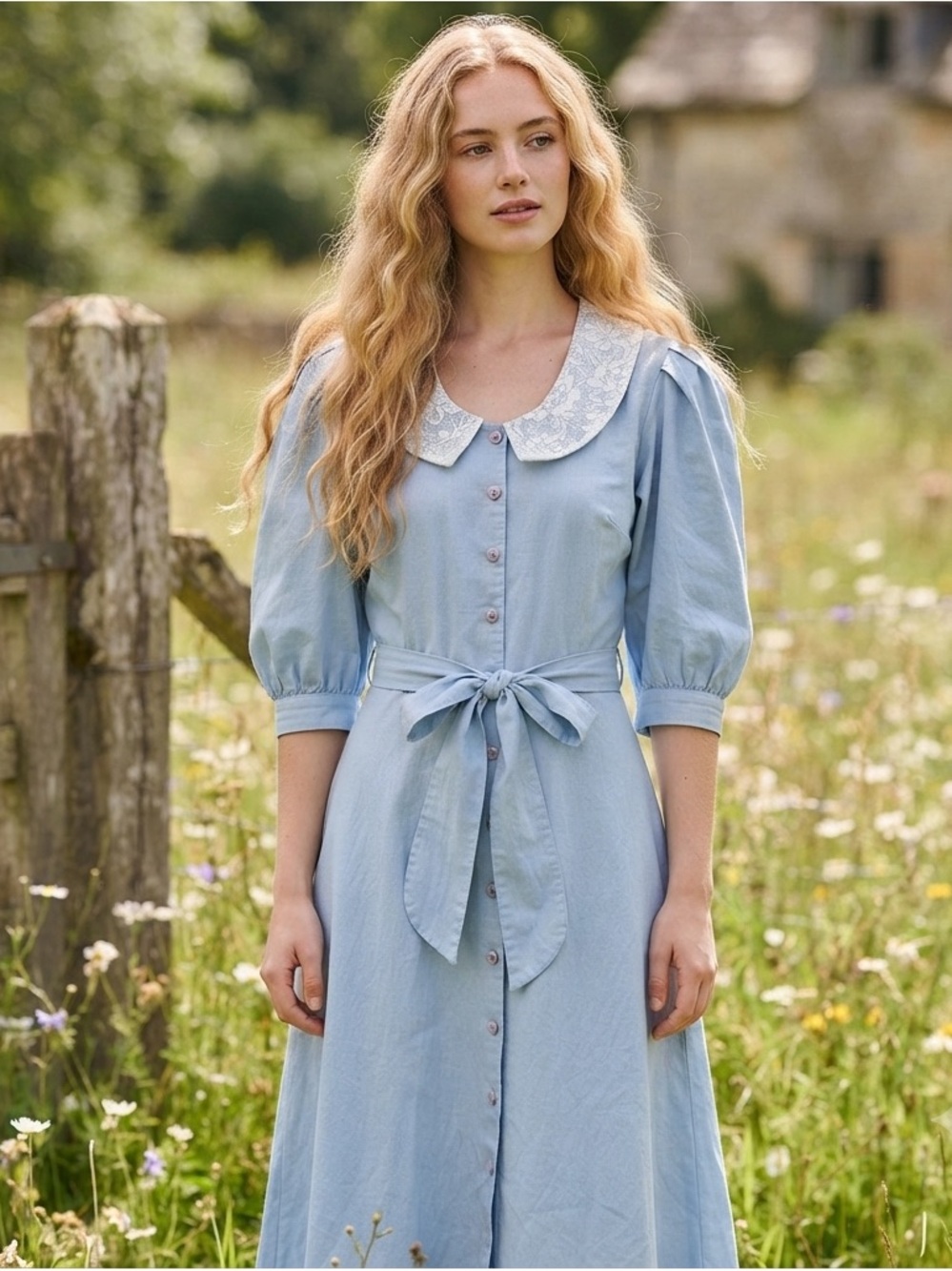 Vintage Women’s Oops California Cottagecore Blue White Lace Midi Shirt Dress